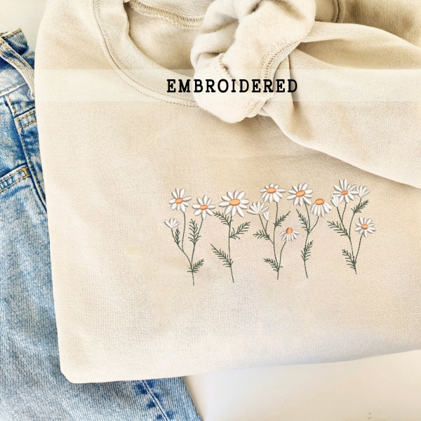 Daisy Embroidered Shirt  Flower T-shirt  Gift For Her/Bestfriend  Floral Sweatshirt  Cute Embroidered Hoodie  Embroidered Wildflower - Image 3