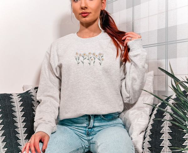 Daisy Embroidered Shirt  Flower T-shirt  Gift For Her/Bestfriend  Floral Sweatshirt  Cute Embroidered Hoodie  Embroidered Wildflower - Image 5