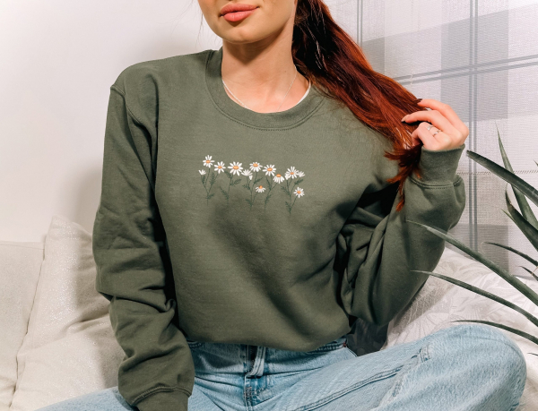 Daisy Embroidered Shirt  Flower T-shirt  Gift For Her/Bestfriend  Floral Sweatshirt  Cute Embroidered Hoodie  Embroidered Wildflower - Image 4