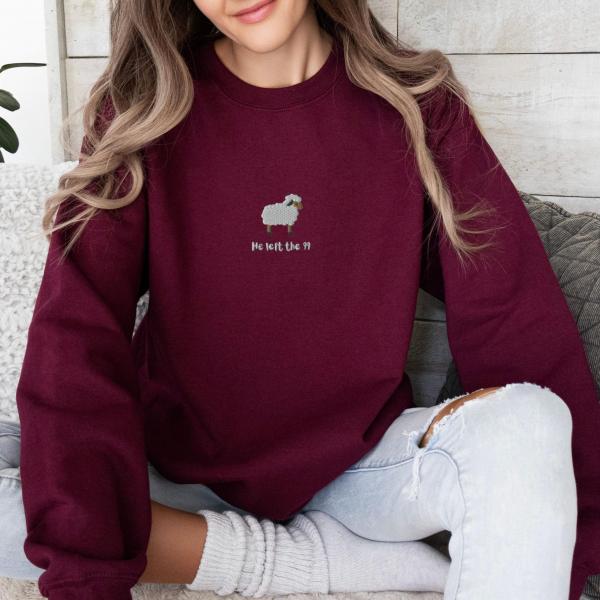 Lost Sheep Sweatshirt | Bible Verse Sweater | Embroidered Christian Crewneck | Jesus Leaves The 99 | Christianity Shirt Gift | Jesus Parable - Image 3