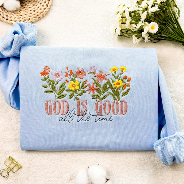 Embroidered God is Good Wildflower Sweatshirt  Botany Embroidered Hoodie  Cottage Core Embroidery T-shirt Crew Neck Sweatshirt