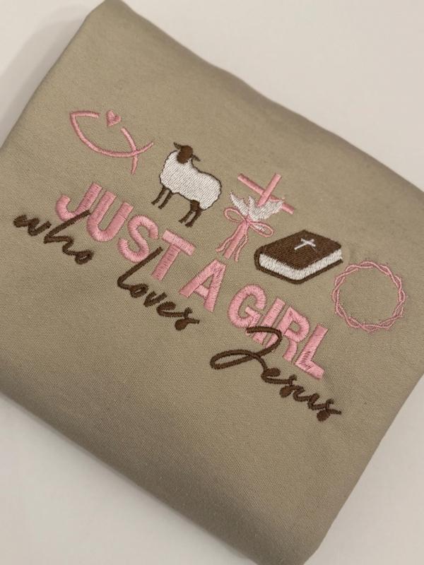 Custom Christian Shirts  Custom Embroidered Christian Sweatshirts  Christian Shirts  Christian Gifts  Just a Girl who Loves Jesus Sweater