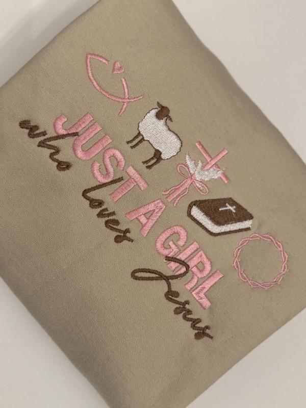 Custom Christian Shirts  Custom Embroidered Christian Sweatshirts  Christian Shirts  Christian Gifts  Just a Girl who Loves Jesus Sweater - Image 2
